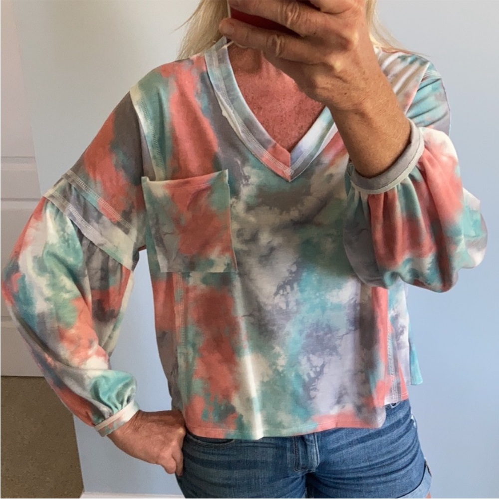 Long Puff Sleeves Tie Dye Top